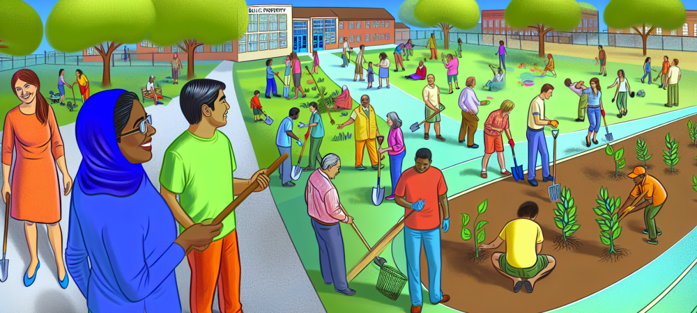 Cidadãos colaborando na gestão de patrimônio público em parque com crianças e adultos cuidando de árvores.