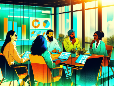 Equipe diversificada de servidores públicos discutindo estratégias de gestão de pessoas com painel digital em reunião colaborativa.