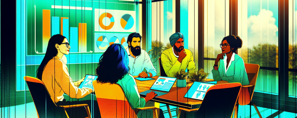 Equipe diversificada de servidores públicos discutindo estratégias de gestão de pessoas com painel digital em reunião colaborativa.