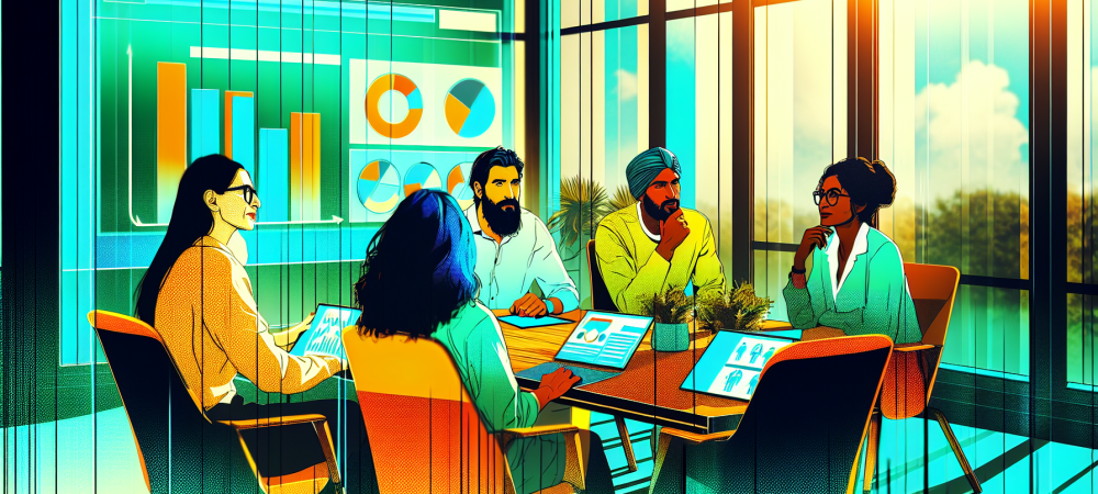 Equipe diversificada de servidores públicos discutindo estratégias de gestão de pessoas com painel digital em reunião colaborativa.