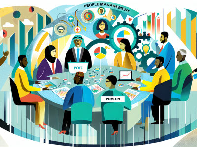 Grupo diverso de servidores públicos discutindo ao redor de uma mesa com laptops e gráficos, em ambiente colaborativo