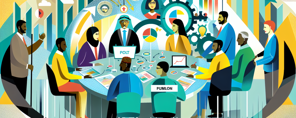 Grupo diverso de servidores públicos discutindo ao redor de uma mesa com laptops e gráficos, em ambiente colaborativo