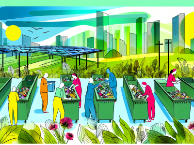 Cenário urbano sustentável com pessoas separando material reciclável em estações de coleta seletiva, cercado por áreas verdes e edificações ecológicas.