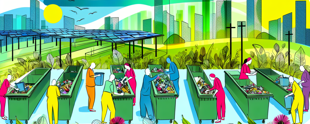 Cenário urbano sustentável com pessoas separando material reciclável em estações de coleta seletiva, cercado por áreas verdes e edificações ecológicas.