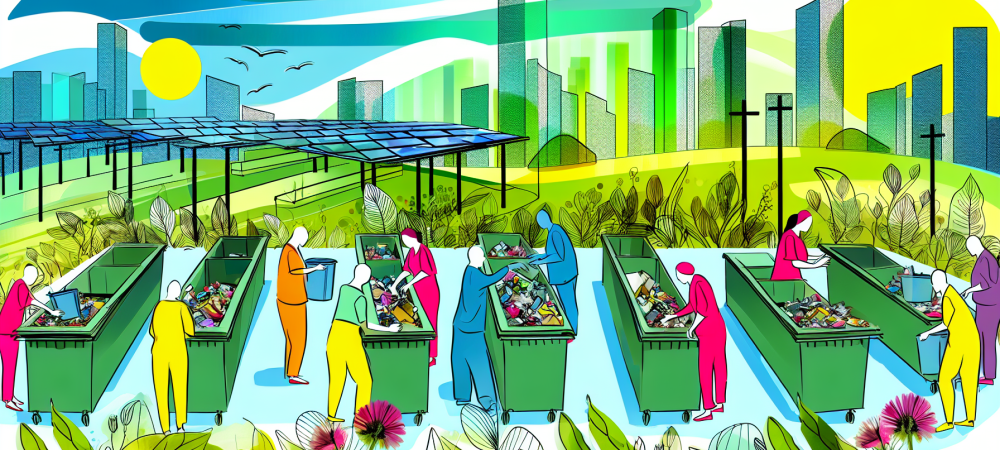 gestao-residuos-comunidade-sustentavel.webp Cenário urbano sustentável com pessoas separando material reciclável em estações de coleta seletiva, cercado por áreas verdes e edificações ecológicas.