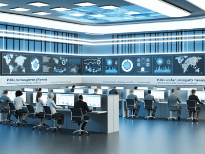 Profissionais em escritório público analisando dados e gráficos em telas digitais, enfatizando tecnologia e gestão de TI.