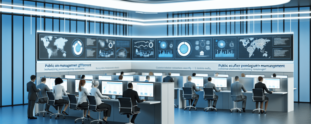 Profissionais em escritório público analisando dados e gráficos em telas digitais, enfatizando tecnologia e gestão de TI.