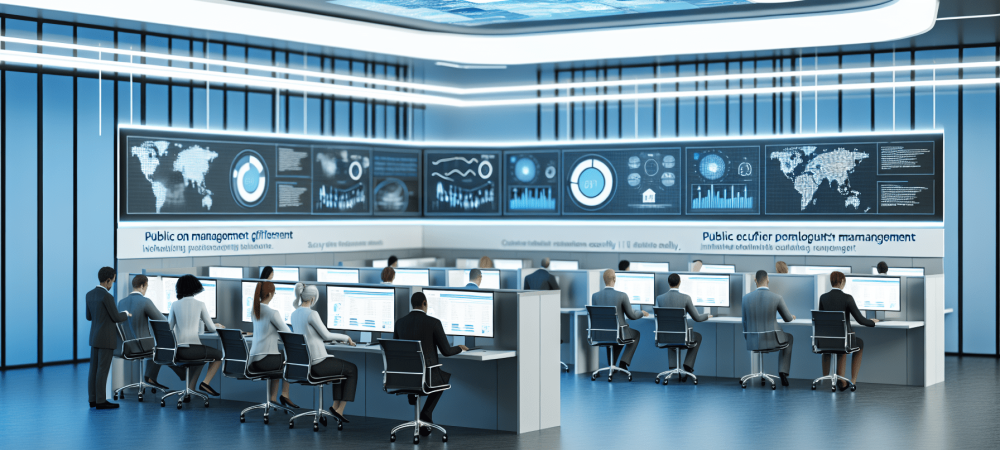 Profissionais em escritório público analisando dados e gráficos em telas digitais, enfatizando tecnologia e gestão de TI.