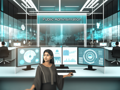 Analista de tecnologia da informação em ambiente público moderno, destacando eficiência e transparência