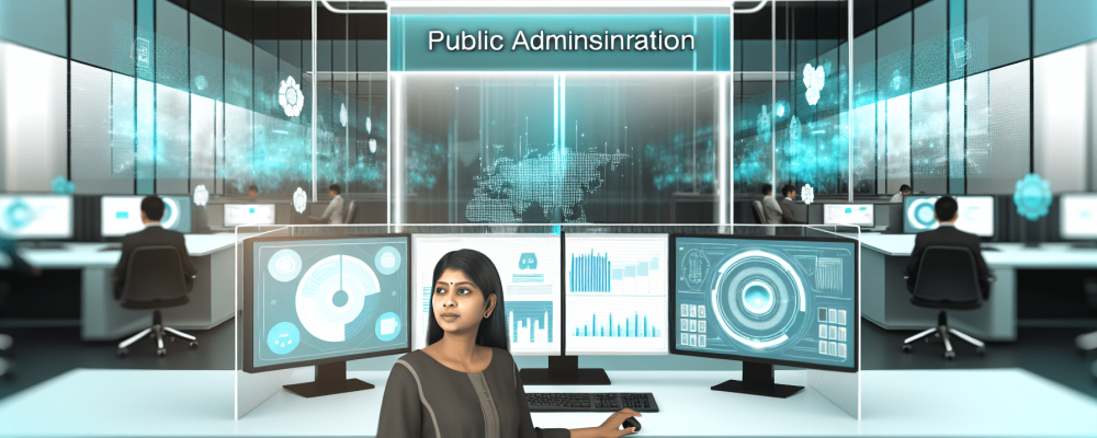 Analista de tecnologia da informação em ambiente público moderno, destacando eficiência e transparência