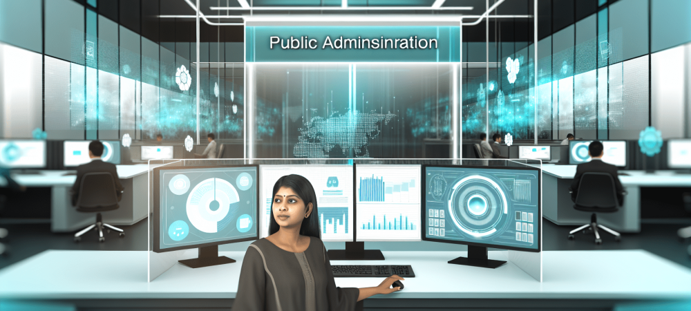 Analista de tecnologia da informação em ambiente público moderno, destacando eficiência e transparência