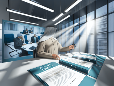 Gestor público em ambiente de escritório moderno, analisando contrato administrativo em mesa com luz natural e tons de azul e verde.