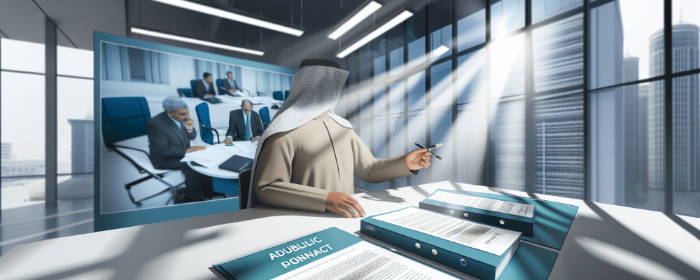 Gestor público em ambiente de escritório moderno, analisando contrato administrativo em mesa com luz natural e tons de azul e verde.