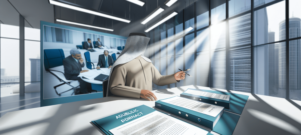 Gestor público em ambiente de escritório moderno, analisando contrato administrativo em mesa com luz natural e tons de azul e verde.