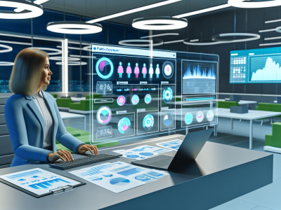 Gestor público visualizando painel de business intelligence com gráficos dinâmicos em ambiente moderno e iluminado