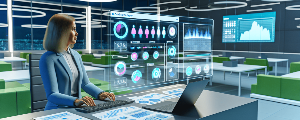 Gestor público visualizando painel de business intelligence com gráficos dinâmicos em ambiente moderno e iluminado