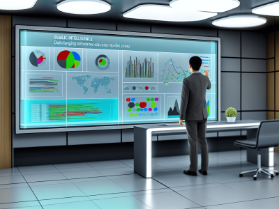Gestor público em sala moderna analisando dashboard de business intelligence em monitor interativo com gráficos e dados visuais.