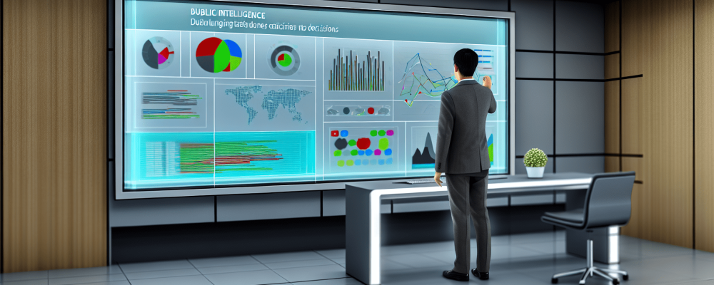Gestor público em sala moderna analisando dashboard de business intelligence em monitor interativo com gráficos e dados visuais.