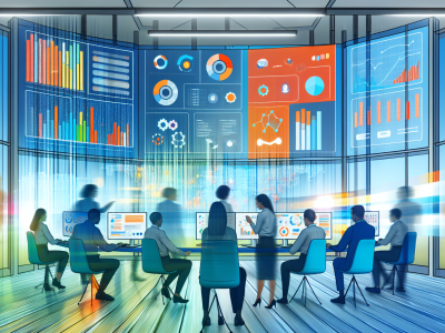 Gestores públicos analisam dados em um business intelligence dashboard, com gráficos coloridos e luz natural destacando eficiência.