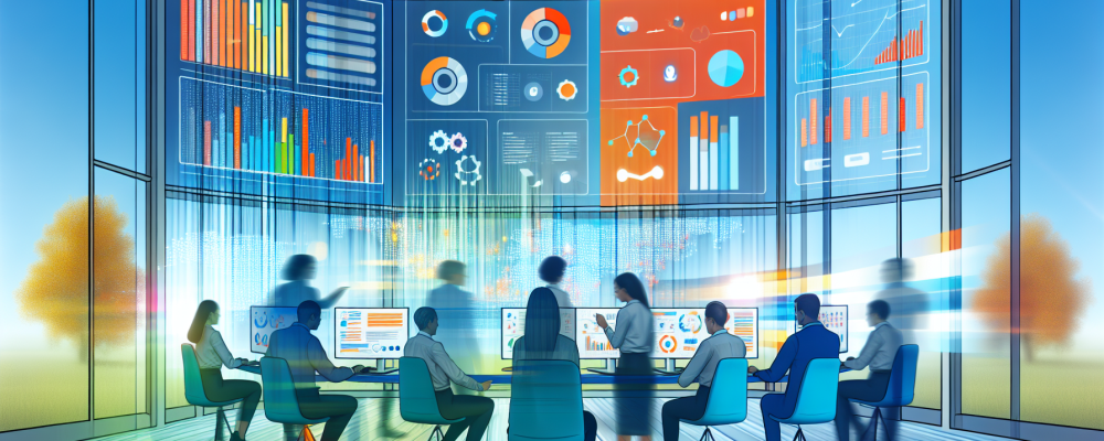 Gestores públicos analisam dados em um business intelligence dashboard, com gráficos coloridos e luz natural destacando eficiência.