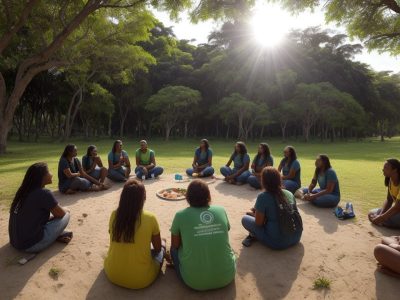 Grupo diversificado de pessoas em um parque defendendo direitos humanos com cartazes sobre dignidade e empatia.