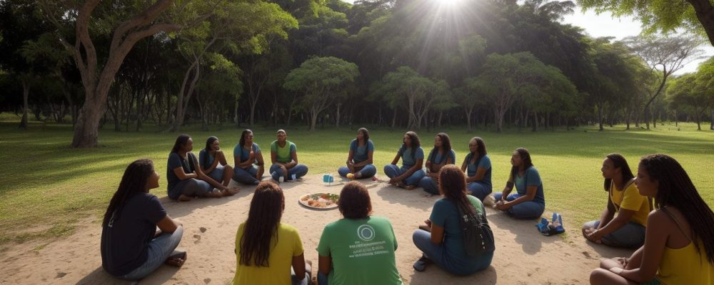 Grupo diversificado de pessoas em um parque defendendo direitos humanos com cartazes sobre dignidade e empatia.