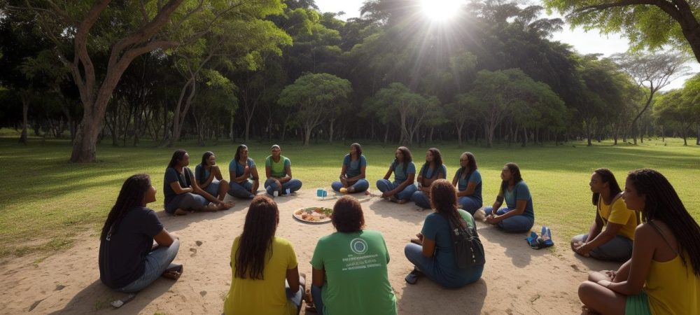 Grupo diversificado de pessoas em um parque defendendo direitos humanos com cartazes sobre dignidade e empatia.