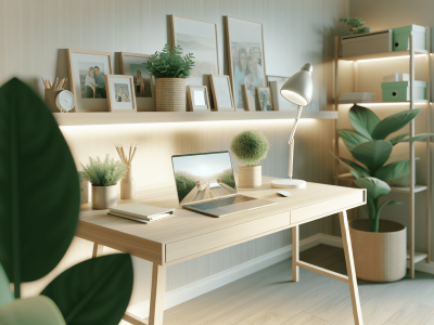 Um ambiente de home office aconchegante com laptop, mesa organizada, plantas e fotos pessoais, refletindo flexibilidade e modernidade no trabalho remoto.