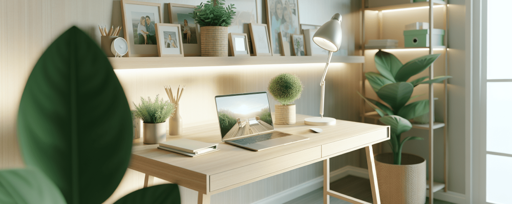 Um ambiente de home office aconchegante com laptop, mesa organizada, plantas e fotos pessoais, refletindo flexibilidade e modernidade no trabalho remoto.
