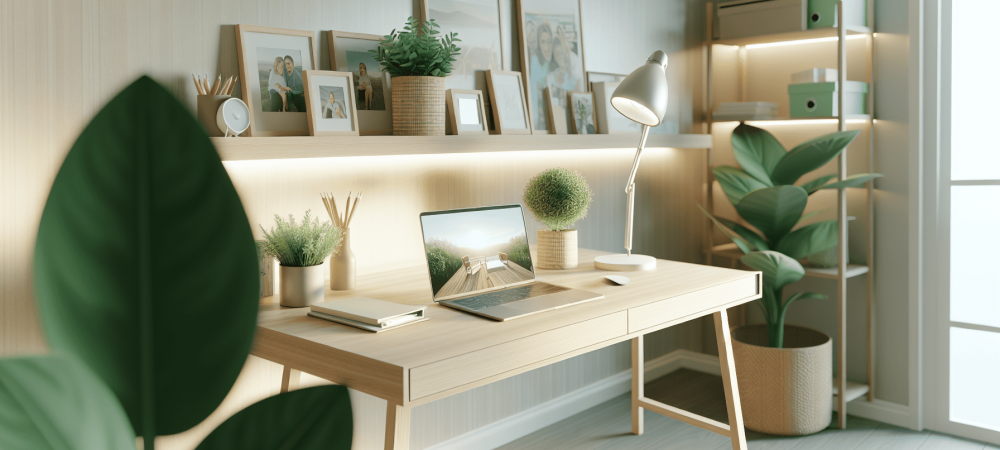Um ambiente de home office aconchegante com laptop, mesa organizada, plantas e fotos pessoais, refletindo flexibilidade e modernidade no trabalho remoto.