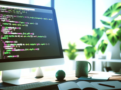 Tela de computador com HTML e CSS em ambiente moderno e acolhedor, com café e caderno