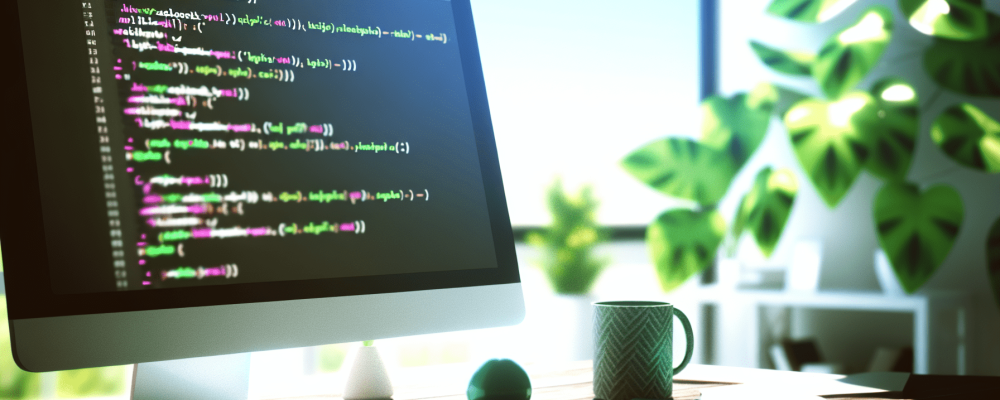 Tela de computador com HTML e CSS em ambiente moderno e acolhedor, com café e caderno