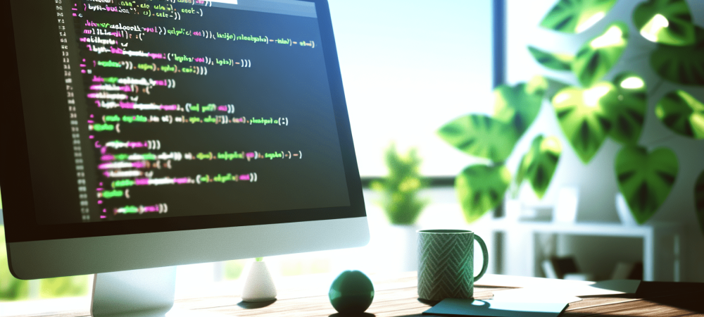 Tela de computador com HTML e CSS em ambiente moderno e acolhedor, com café e caderno