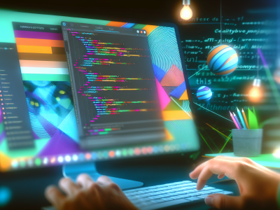 Interface de desenvolvimento web moderna com códigos HTML e CSS na tela.