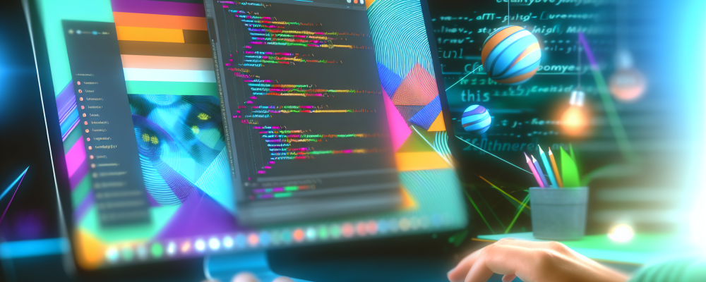 Interface de desenvolvimento web moderna com códigos HTML e CSS na tela.