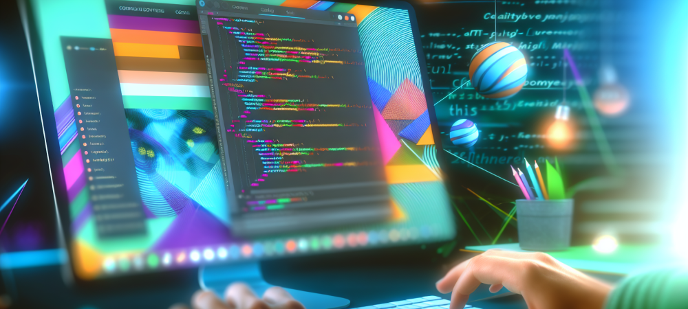 Interface de desenvolvimento web moderna com códigos HTML e CSS na tela.