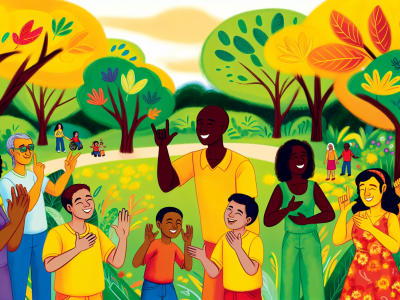 Grupo diversificado se comunicando em LIBRAS em um parque, cercado por natureza, simbolizando inclusão.