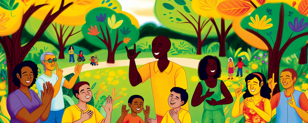 Grupo diversificado se comunicando em LIBRAS em um parque, cercado por natureza, simbolizando inclusão.