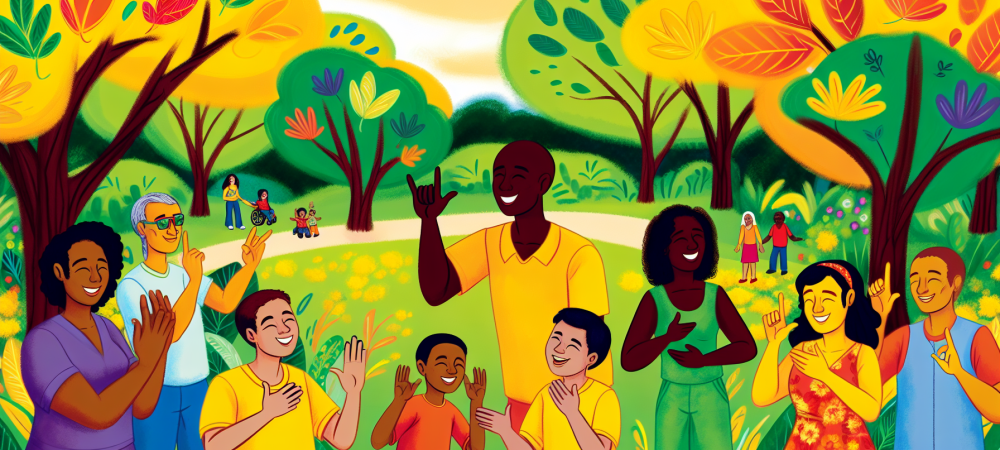 inclusao-social-libras-parque.webp Grupo diversificado se comunicando em LIBRAS em um parque, cercado por natureza, simbolizando inclusão.