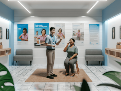 Servidor público interage com cidadão surdo usando Língua Brasileira de Sinais em ambiente acolhedor e inclusivo