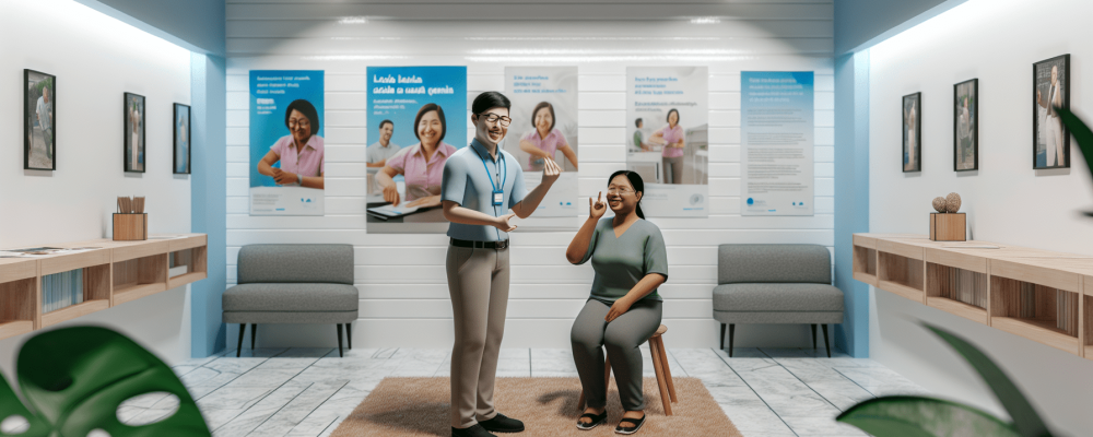 Servidor público interage com cidadão surdo usando Língua Brasileira de Sinais em ambiente acolhedor e inclusivo