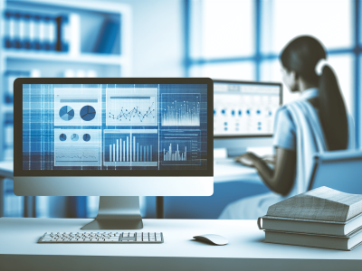Servidor público estudando informática básica em um escritório moderno com computador, gráficos e livros sobre tecnologia.