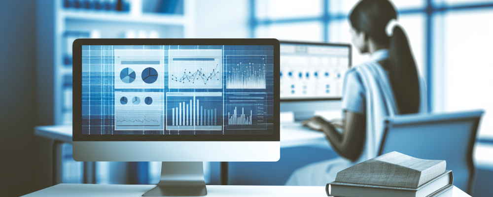 Servidor público estudando informática básica em um escritório moderno com computador, gráficos e livros sobre tecnologia.