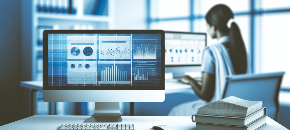 Servidor público estudando informática básica em um escritório moderno com computador, gráficos e livros sobre tecnologia.