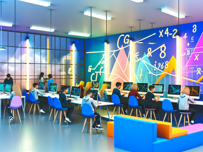 Alunos usando computadores em sala de aula interativa com software para matemática, luzes coloridas e murais.