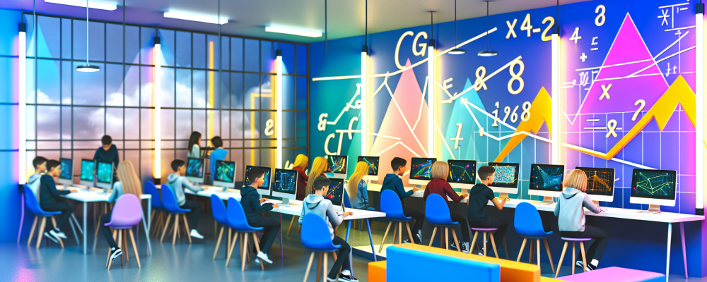 Alunos usando computadores em sala de aula interativa com software para matemática, luzes coloridas e murais.
