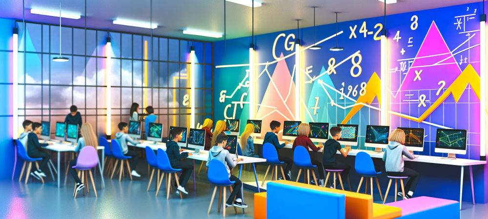 Alunos usando computadores em sala de aula interativa com software para matemática, luzes coloridas e murais.
