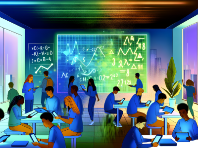 Sala moderna com alunos explorando softwares de matemática em tablets e quadro negro digital.