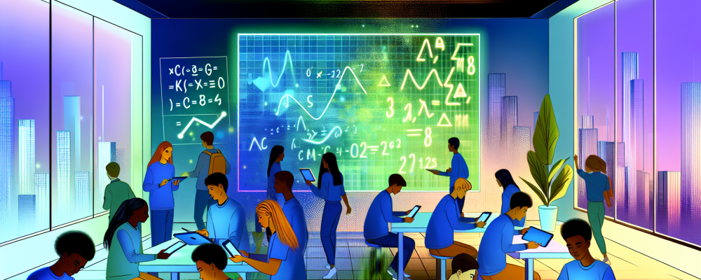 Sala moderna com alunos explorando softwares de matemática em tablets e quadro negro digital.