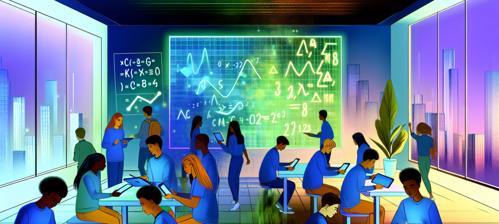 Sala moderna com alunos explorando softwares de matemática em tablets e quadro negro digital.